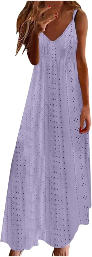 Spring Eyelet Dresses for Women 2025 Spaghetti Strap Maxi Dress Long Summer Sundresses Trendy Beach Vacation Clothing