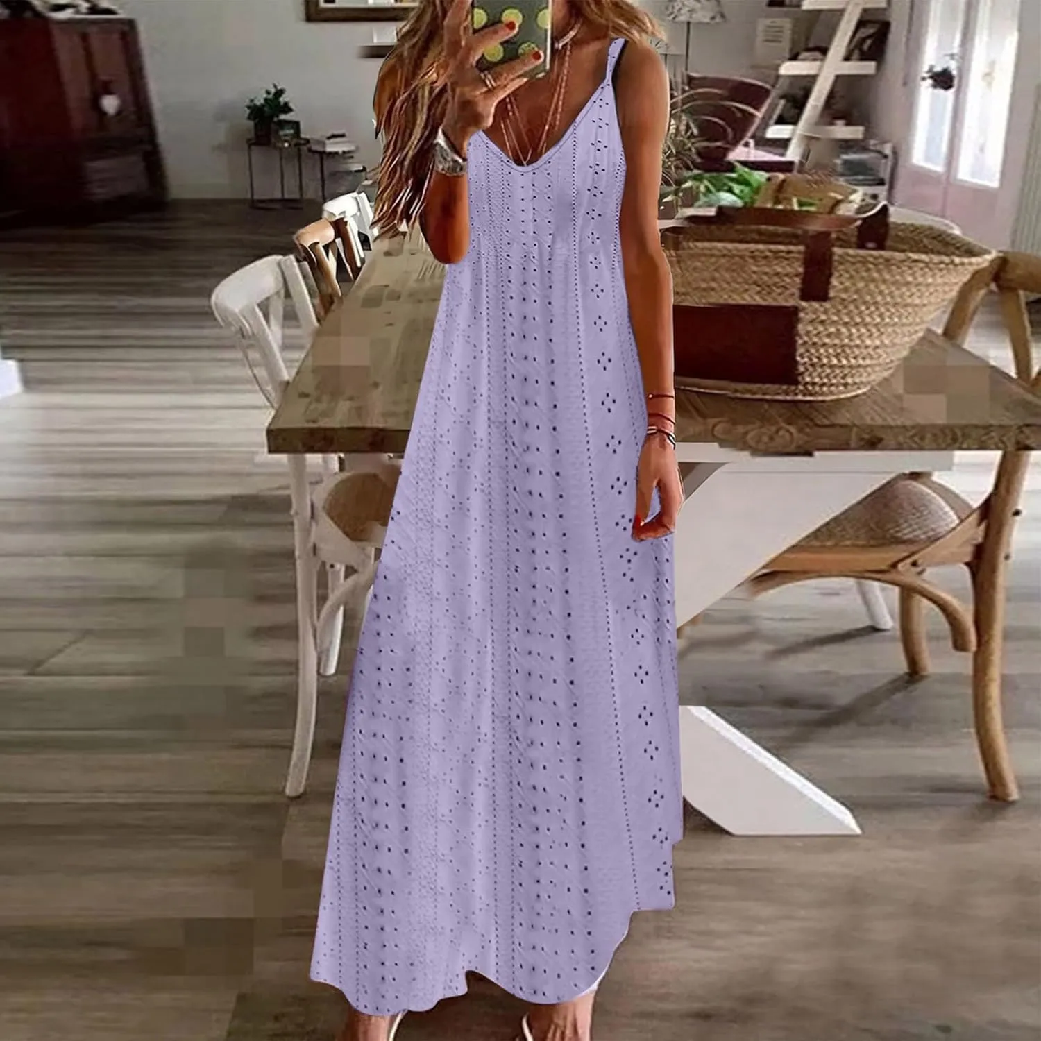 Spring Eyelet Dresses for Women 2025 Spaghetti Strap Maxi Dress Long Summer Sundresses Trendy Beach Vacation Clothing