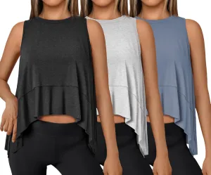 SUNBS 3 Pack Womens Tank Tops Crop Workout Top Sleeveless Athletic Crewneck T Shirts Loose Fit Summer Yoga Gym Outfits