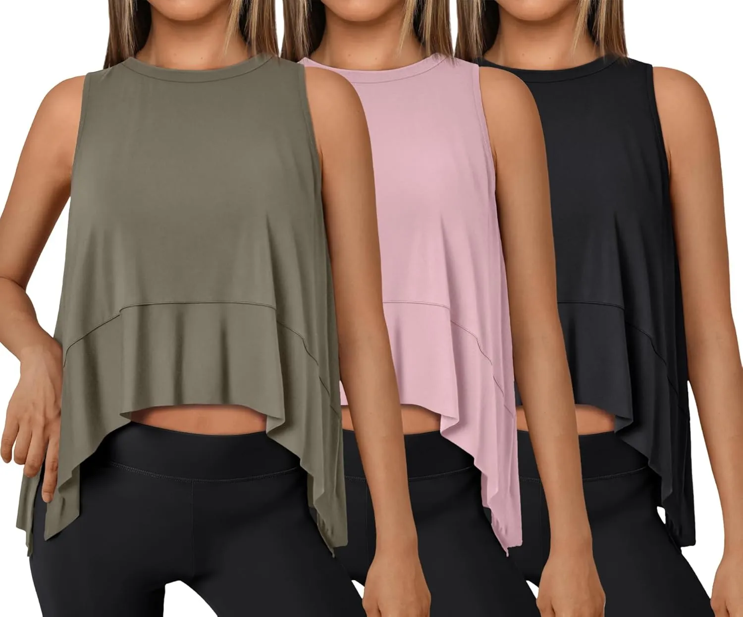 SUNBS 3 Pack Womens Tank Tops Crop Workout Top Sleeveless Athletic Crewneck T Shirts Loose Fit Summer Yoga Gym Outfits