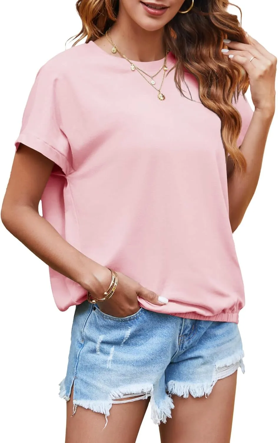 Tankaneo Women Short Cap Sleeve Tops Summer Casual Banded Sweatshirt Crew Neck Loose Fit T-Shirts
