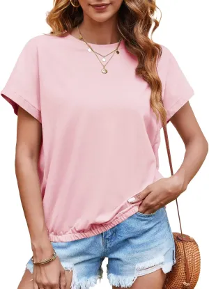 Tankaneo Women Short Cap Sleeve Tops Summer Casual Banded Sweatshirt Crew Neck Loose Fit T-Shirts