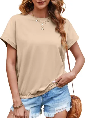 Tankaneo Women Short Cap Sleeve Tops Summer Casual Banded Sweatshirt Crew Neck Loose Fit T-Shirts