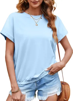 Tankaneo Women Short Cap Sleeve Tops Summer Casual Banded Sweatshirt Crew Neck Loose Fit T-Shirts