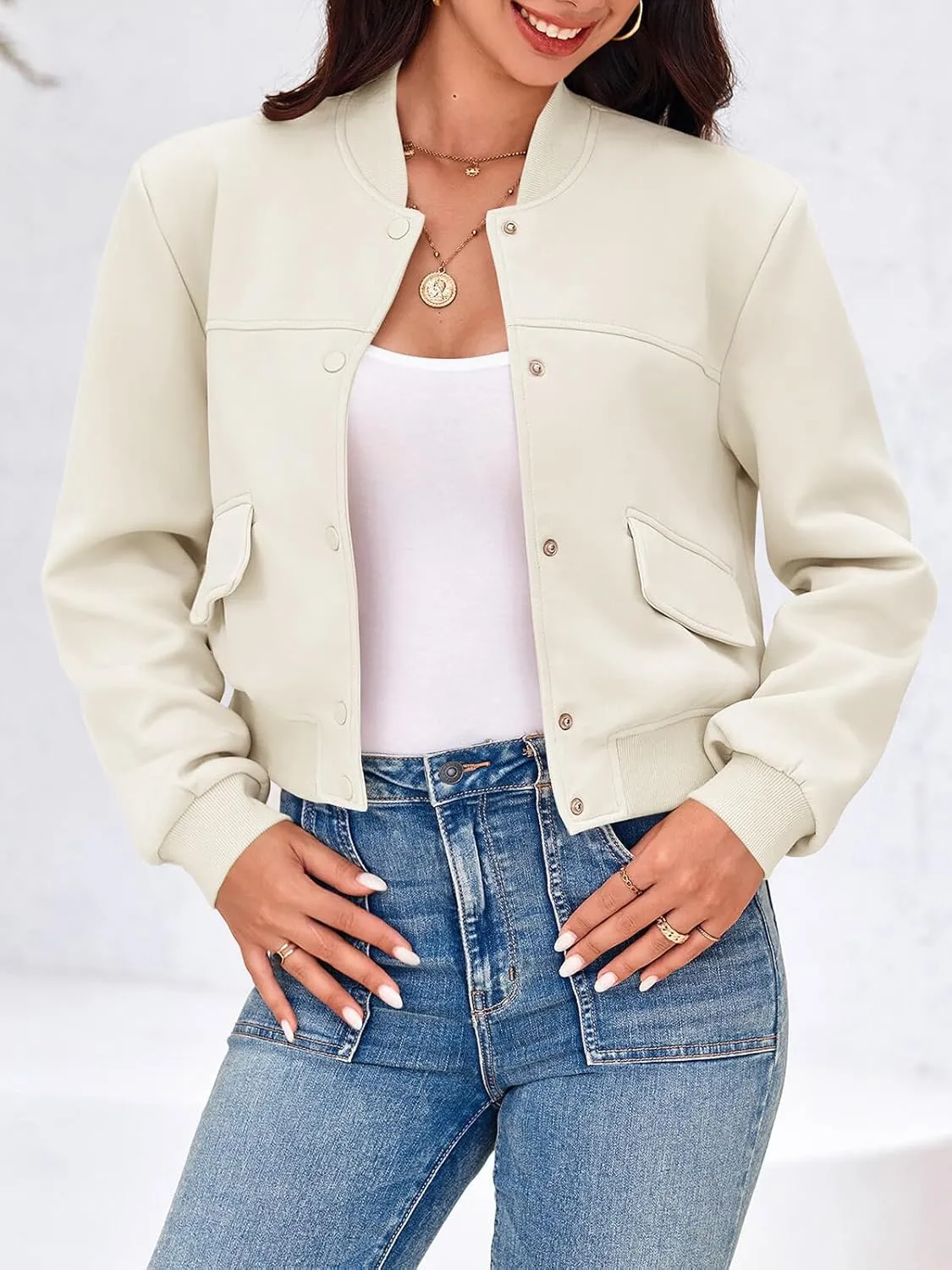 Tankaneo Womens Cropped Bomber Jackets Casual Button Down Long Sleeve Stand Collar Varsity Shacket Coats