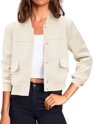 Tankaneo Womens Cropped Bomber Jackets Casual Button Down Long Sleeve Stand Collar Varsity Shacket Coats