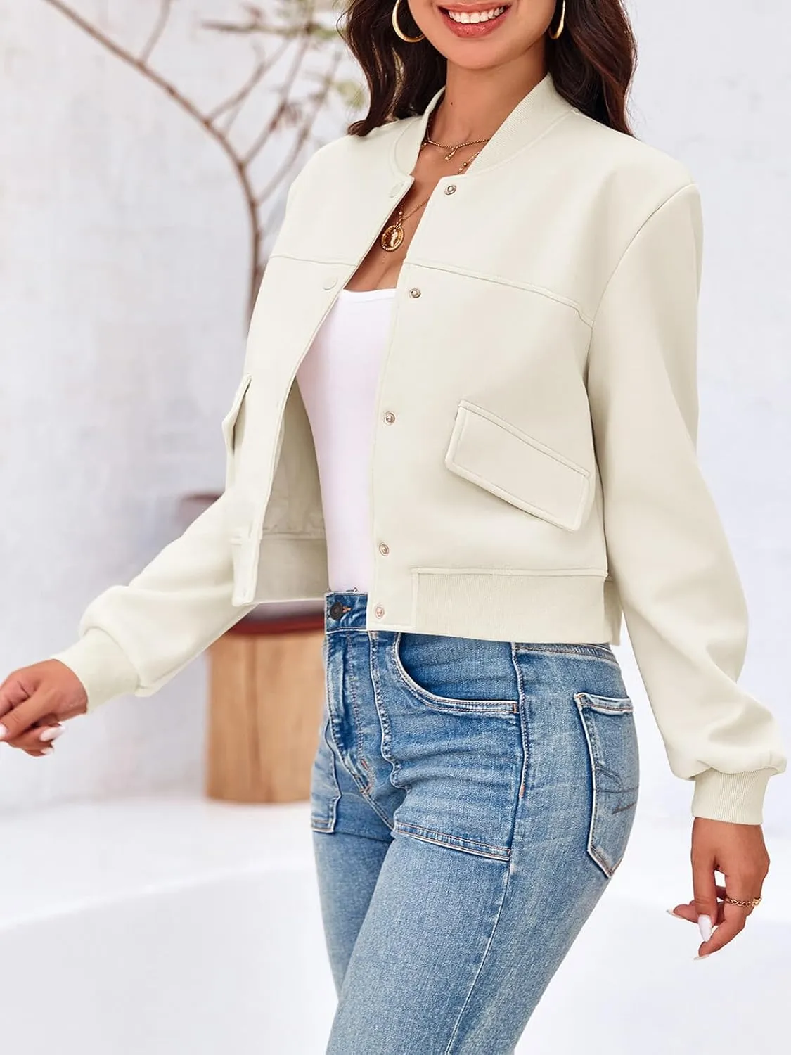 Tankaneo Womens Cropped Bomber Jackets Casual Button Down Long Sleeve Stand Collar Varsity Shacket Coats