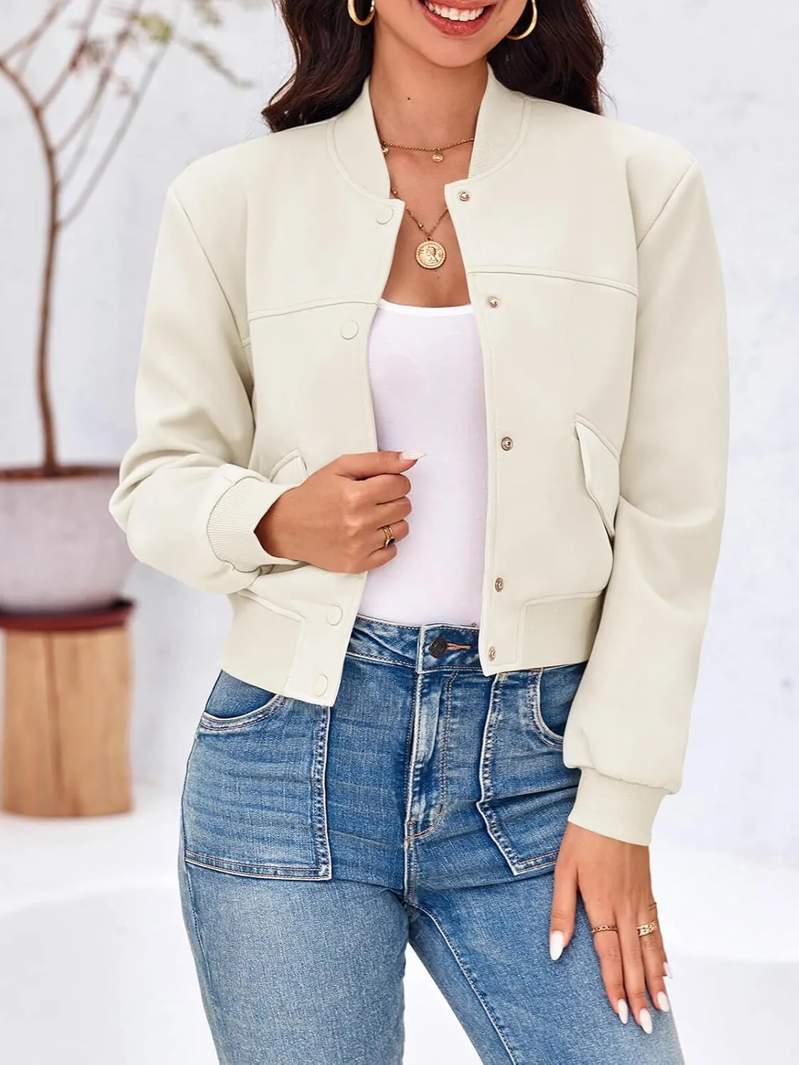 Tankaneo Womens Cropped Bomber Jackets Casual Button Down Long Sleeve Stand Collar Varsity Shacket Coats