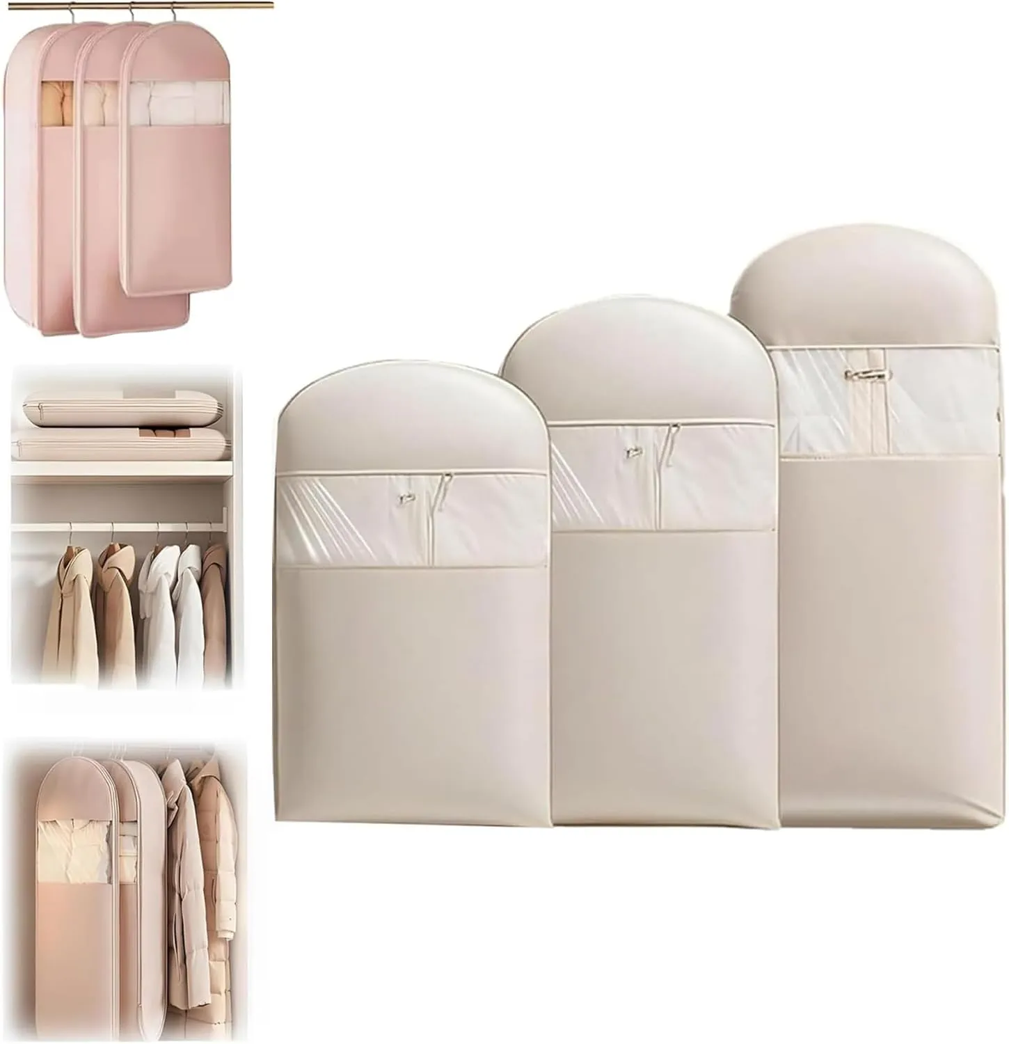 Taprinferior Hanging Bag, Garment Bags for Hanging Clothes, Space Saving Hanging Garment Bag with Self Compression Zipper (Beige, M L XL)