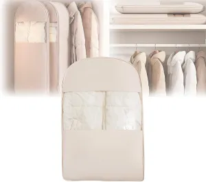 Upgraded Space-Saving Hanging Garment Bag with Self-Compression Zipper-Transparent Window Dust Cover for Down Coats&Closet Storage|Space-Saver Closet Organizer (Beige, Medium)
