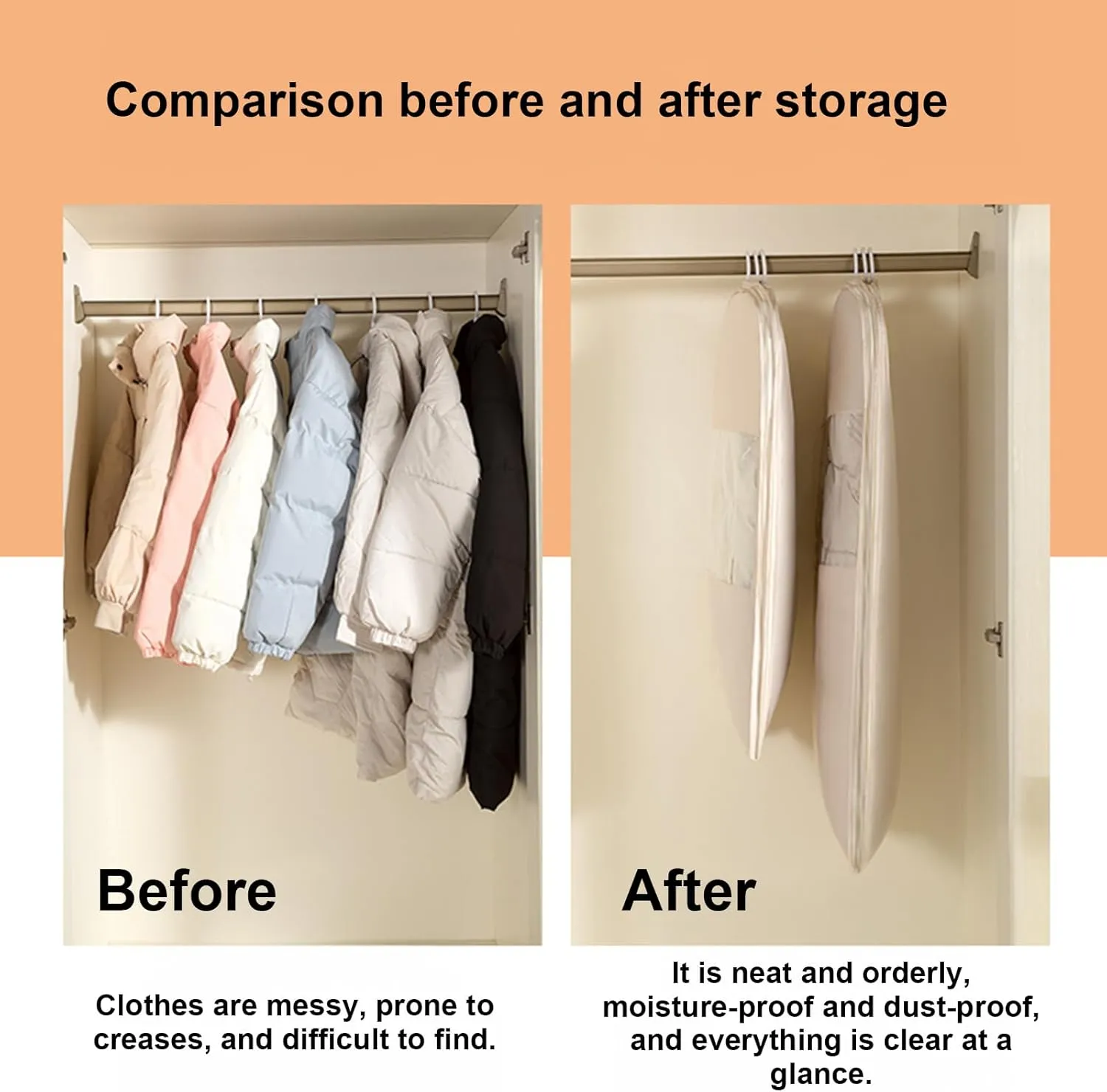 Upgraded Space-Saving Hanging Garment Bag with Self-Compression Zipper-Transparent Window Dust Cover for Down Coats&Closet Storage|Space-Saver Closet Organizer (Beige, Medium)