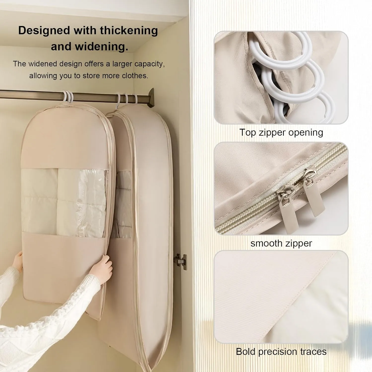 Upgraded Space-Saving Hanging Garment Bag with Self-Compression Zipper-Transparent Window Dust Cover for Down Coats&Closet Storage|Space-Saver Closet Organizer (Beige, Medium)