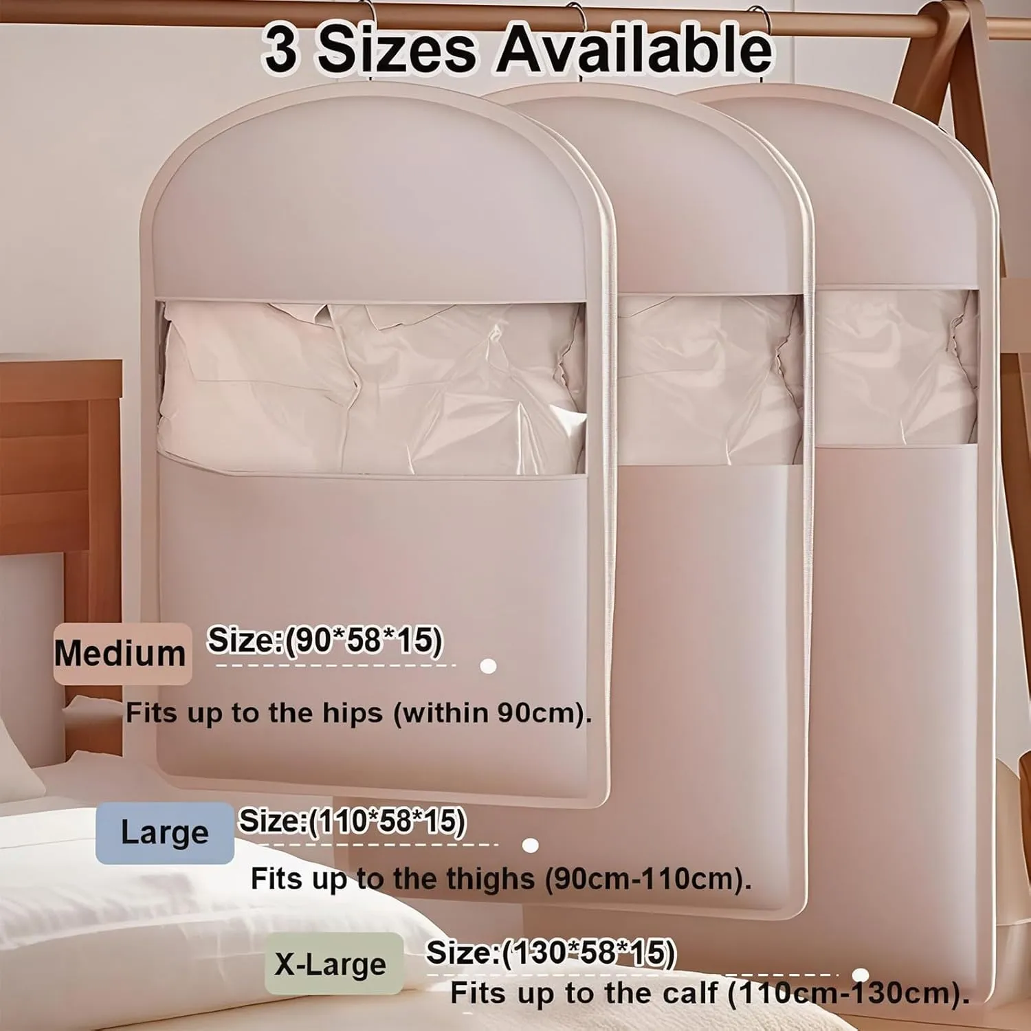 Upgraded Space-Saving Hanging Garment Bag with Self-Compression Zipper-Transparent Window Dust Cover for Down Coats&Closet Storage|Space-Saver Closet Organizer (Beige, Medium)