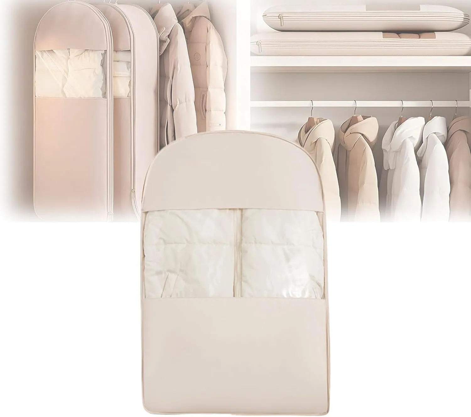 Upgraded Space-Saving Hanging Garment Bag with Self-Compression Zipper-Transparent Window Dust Cover for Down Coats&Closet Storage|Space-Saver Closet Organizer (Beige, Medium)