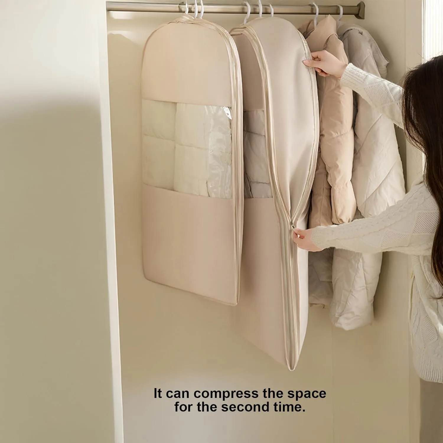 Upgraded Space-Saving Hanging Garment Bag with Self-Compression Zipper-Transparent Window Dust Cover for Down Coats&Closet Storage|Space-Saver Closet Organizer (Beige, Medium)