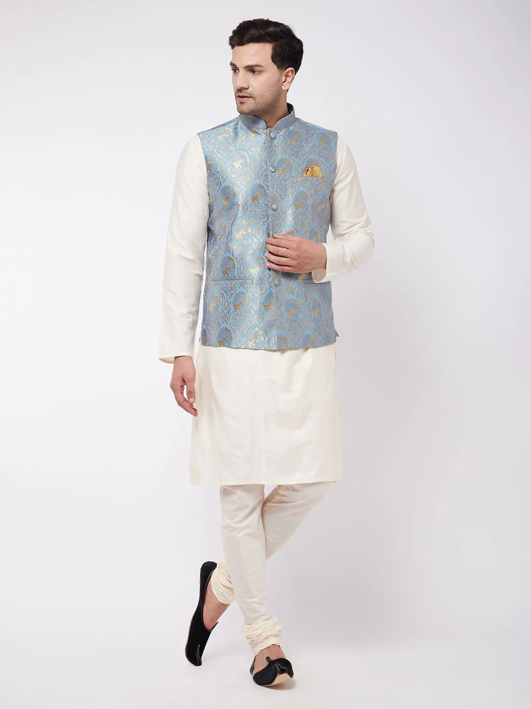 VASTRAMAY Cream Kurta Set With Grey Nehru Jacket
