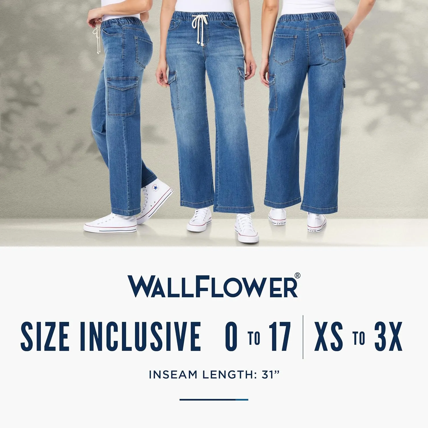 WallFlower Women's Tomboy Relaxed Cargo Denim Mid-Rise Insta Stretch Juniors Jeans