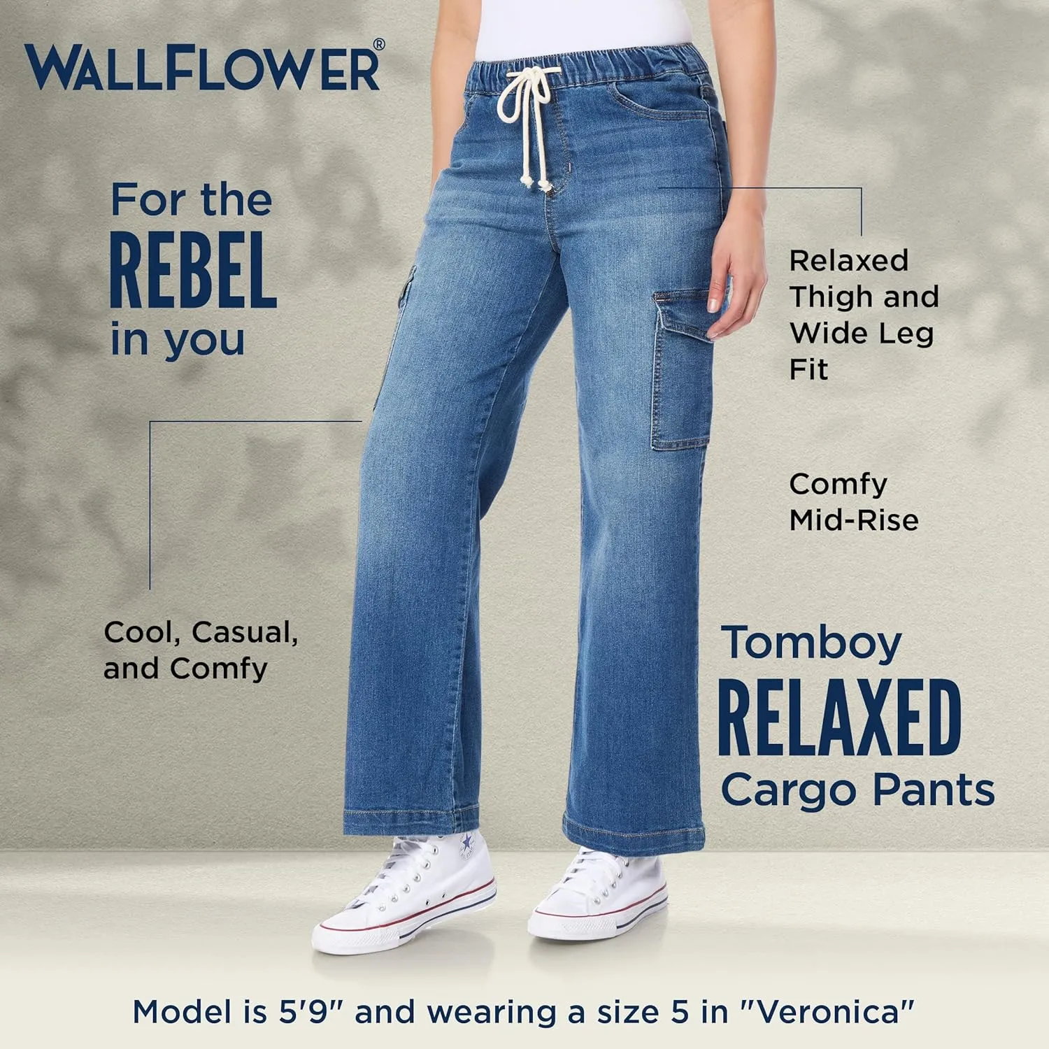 WallFlower Women's Tomboy Relaxed Cargo Denim Mid-Rise Insta Stretch Juniors Jeans