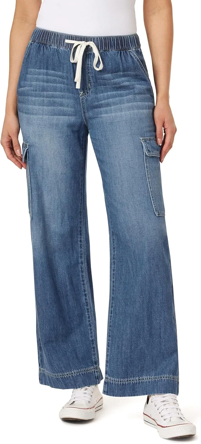 WallFlower Women's Tomboy Relaxed Cargo Denim Mid-Rise Insta Stretch Juniors Jeans