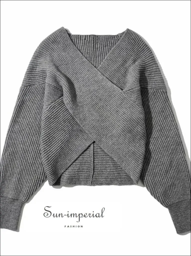 Women Black Crossover front Chunky Knit Pullover Ribbed Sweater top