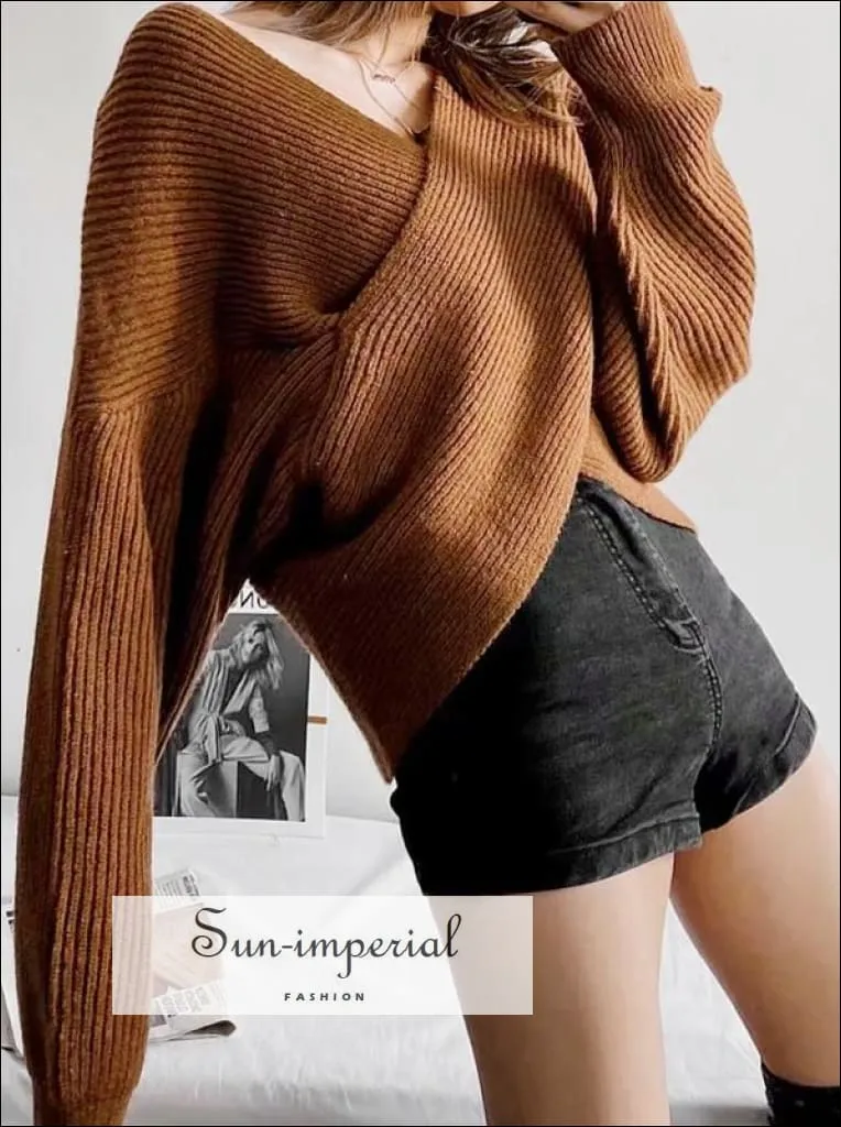 Women Black Crossover front Chunky Knit Pullover Ribbed Sweater top