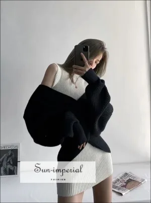 Women Black Crossover front Chunky Knit Pullover Ribbed Sweater top