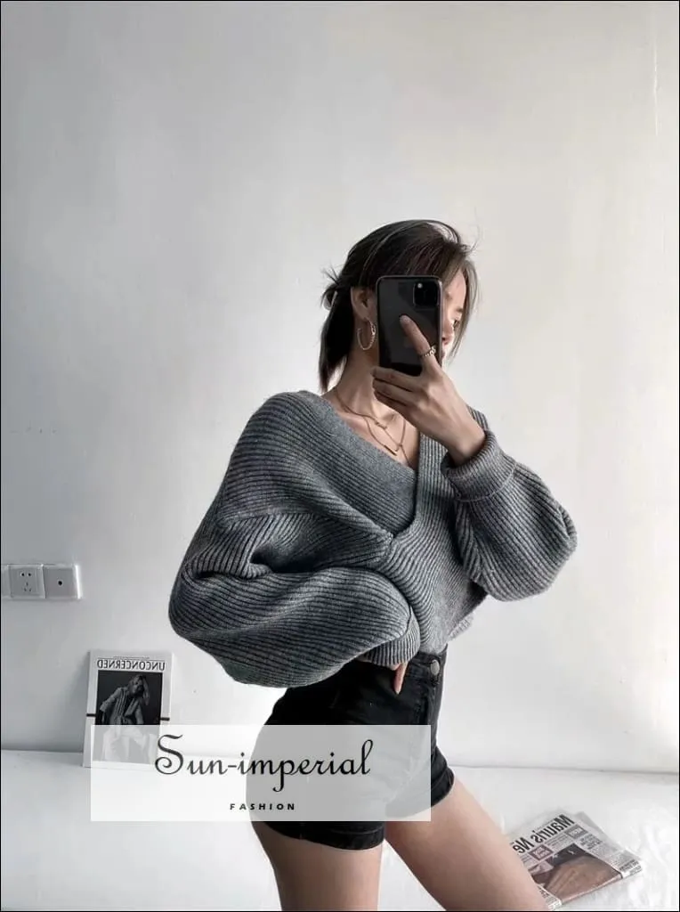 Women Black Crossover front Chunky Knit Pullover Ribbed Sweater top