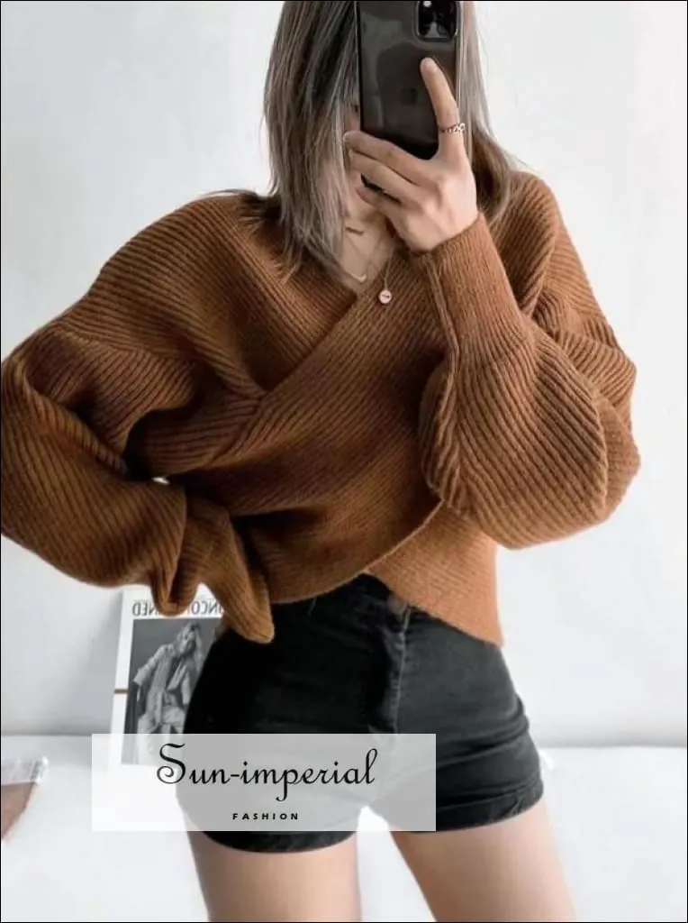 Women Brown Crossover front Chunky Knit Pullover Ribbed Sweater top
