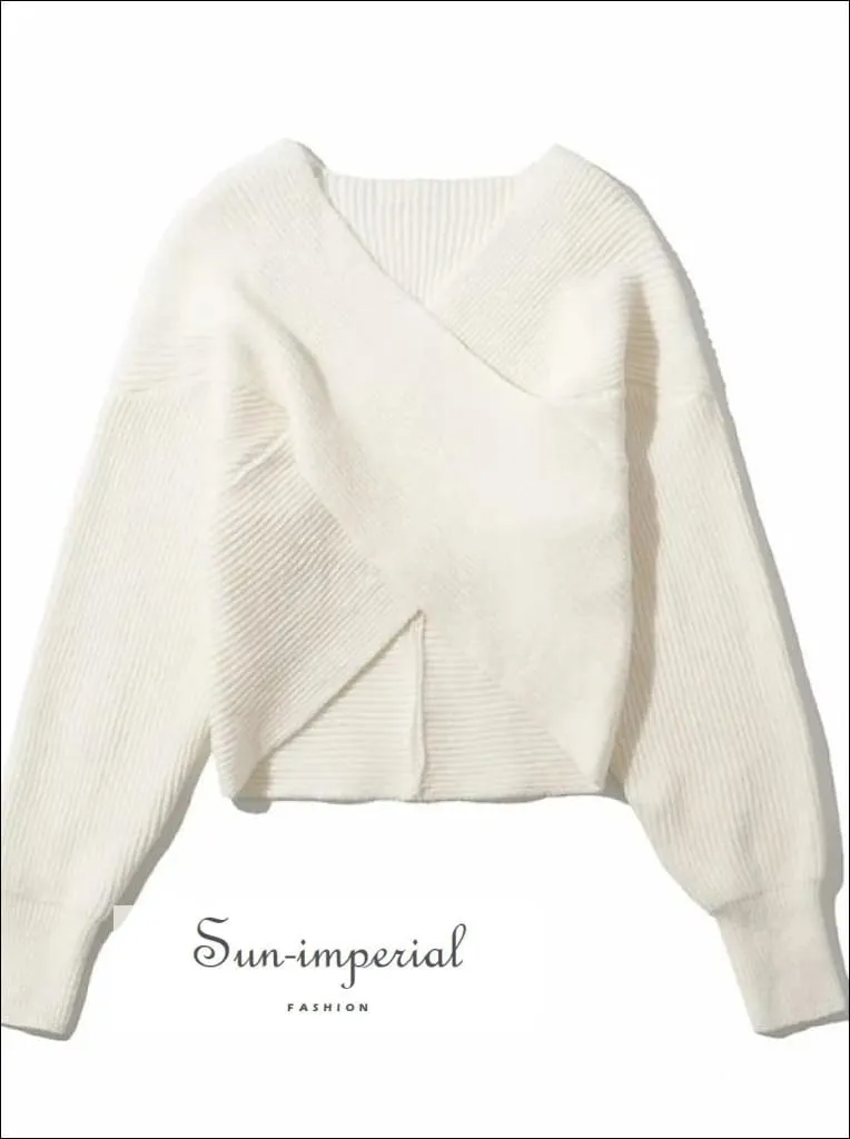 Women Brown Crossover front Chunky Knit Pullover Ribbed Sweater top