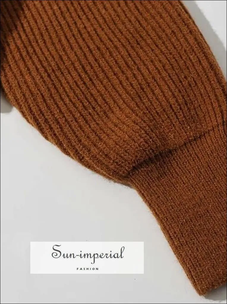 Women Brown Crossover front Chunky Knit Pullover Ribbed Sweater top