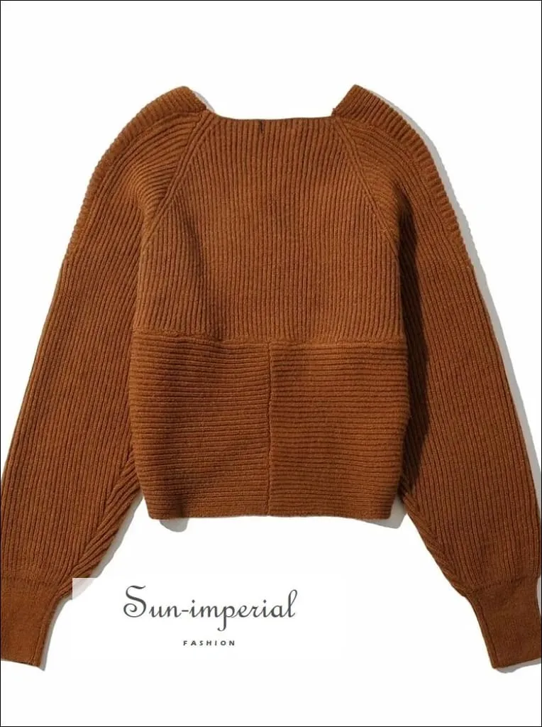 Women Brown Crossover front Chunky Knit Pullover Ribbed Sweater top