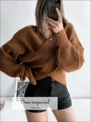 Women Brown Crossover front Chunky Knit Pullover Ribbed Sweater top