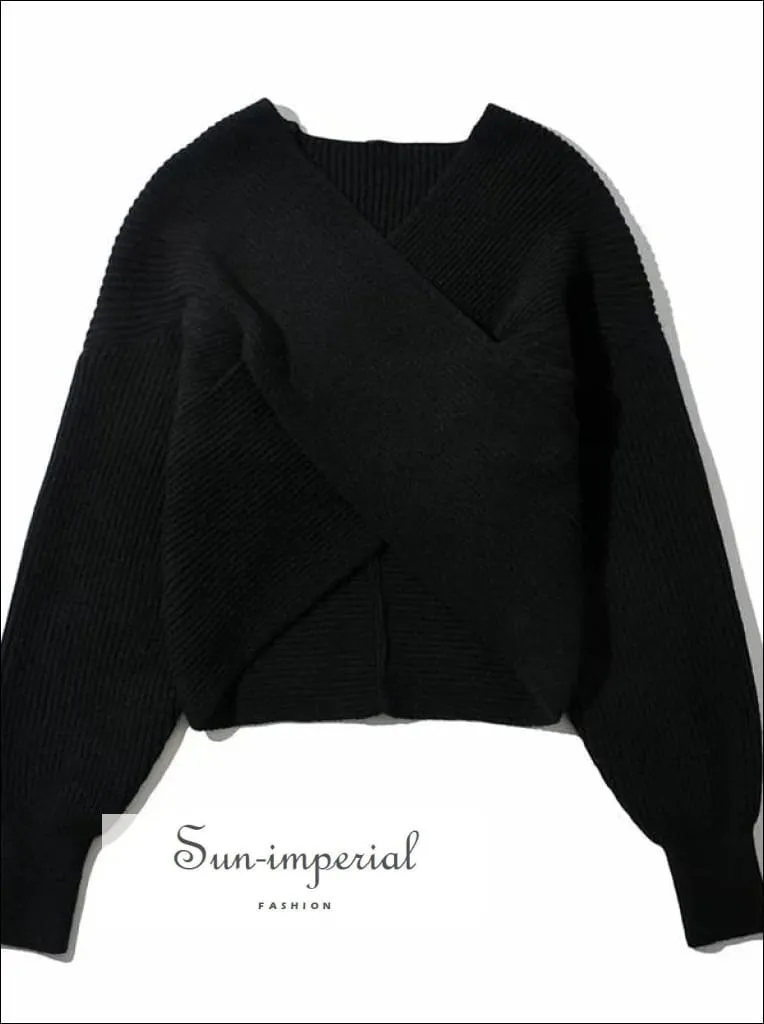 Women Brown Crossover front Chunky Knit Pullover Ribbed Sweater top