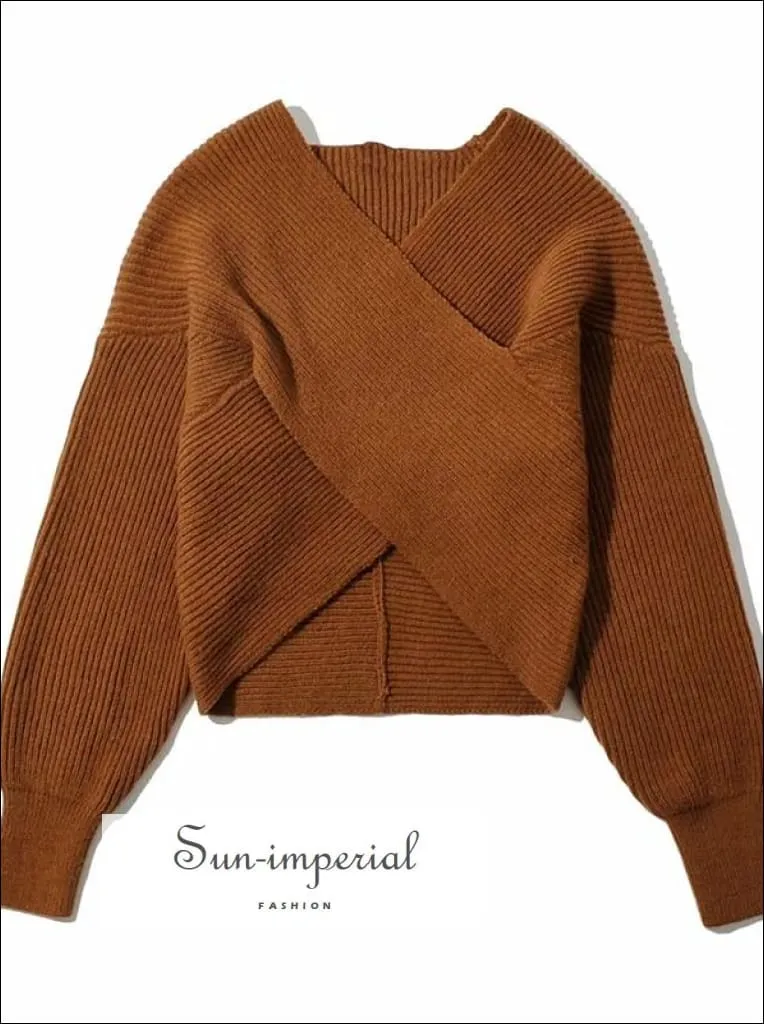 Women Brown Crossover front Chunky Knit Pullover Ribbed Sweater top