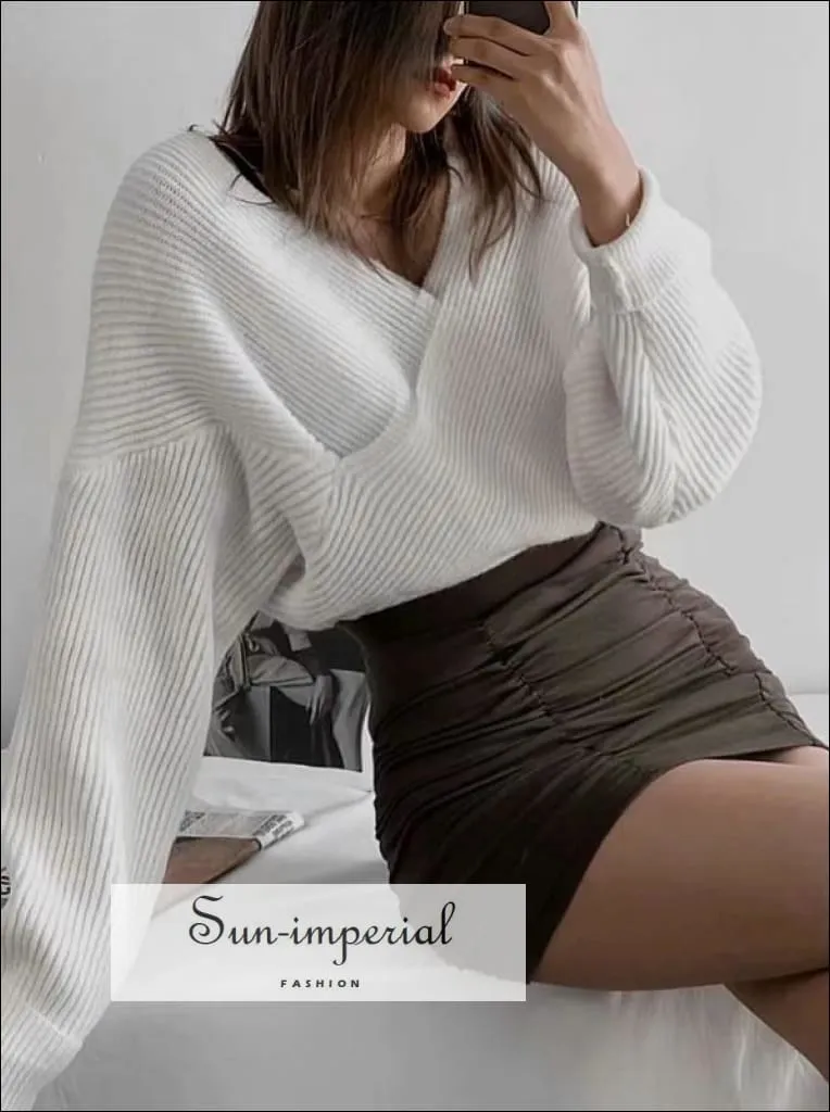 Women Brown Crossover front Chunky Knit Pullover Ribbed Sweater top