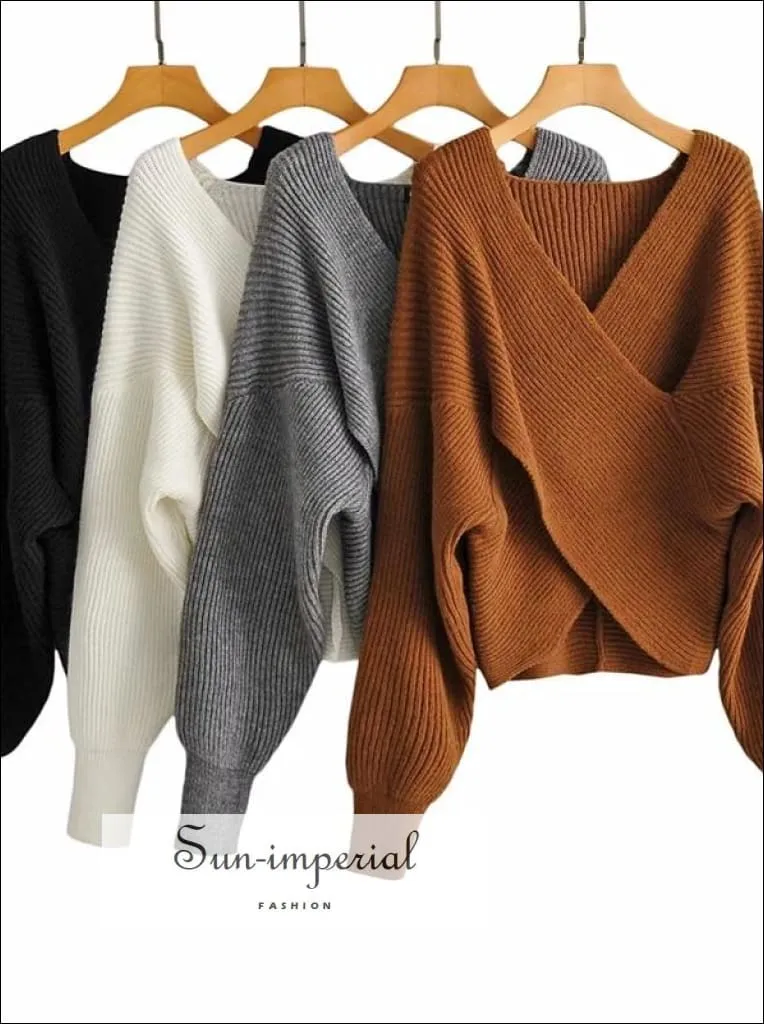 Women Brown Crossover front Chunky Knit Pullover Ribbed Sweater top
