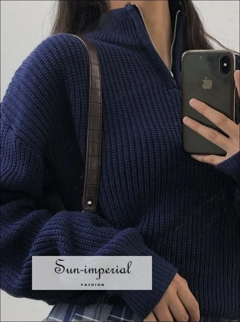 Women Dark Blue 1/4 Zip front Chunky Knit Jumper Casual Knit top