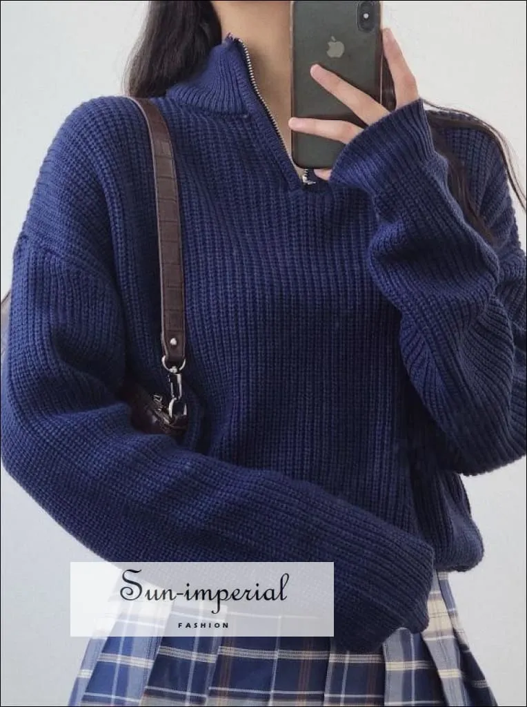 Women Dark Blue 1/4 Zip front Chunky Knit Jumper Casual Knit top
