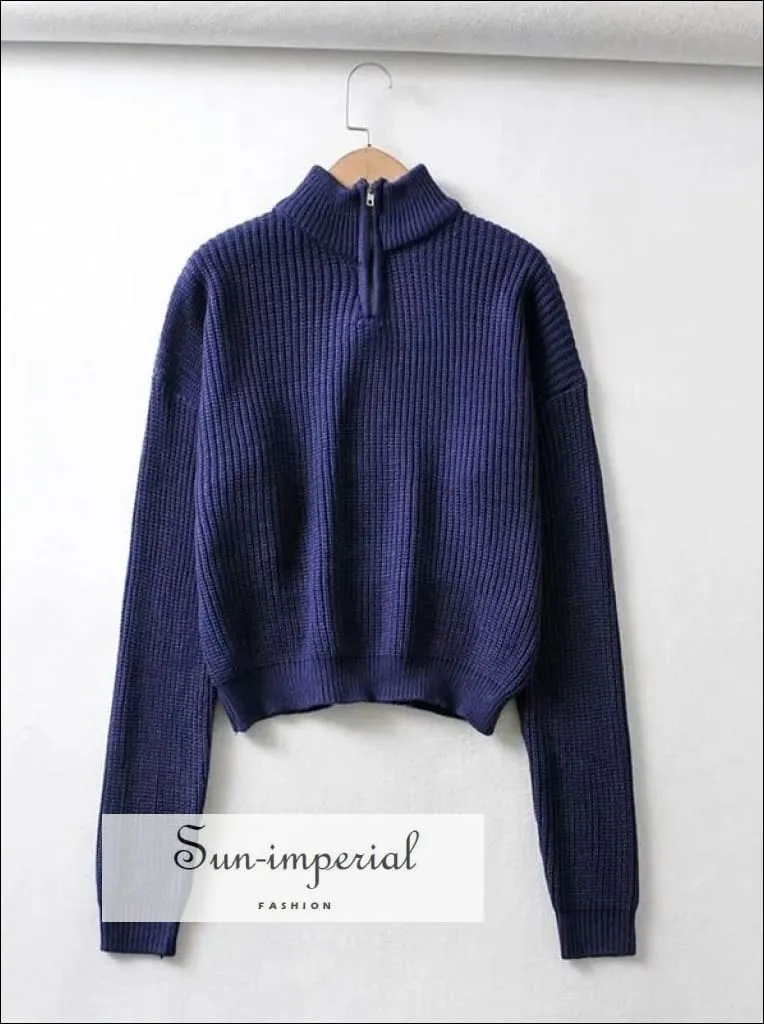 Women Dark Blue 1/4 Zip front Chunky Knit Jumper Casual Knit top