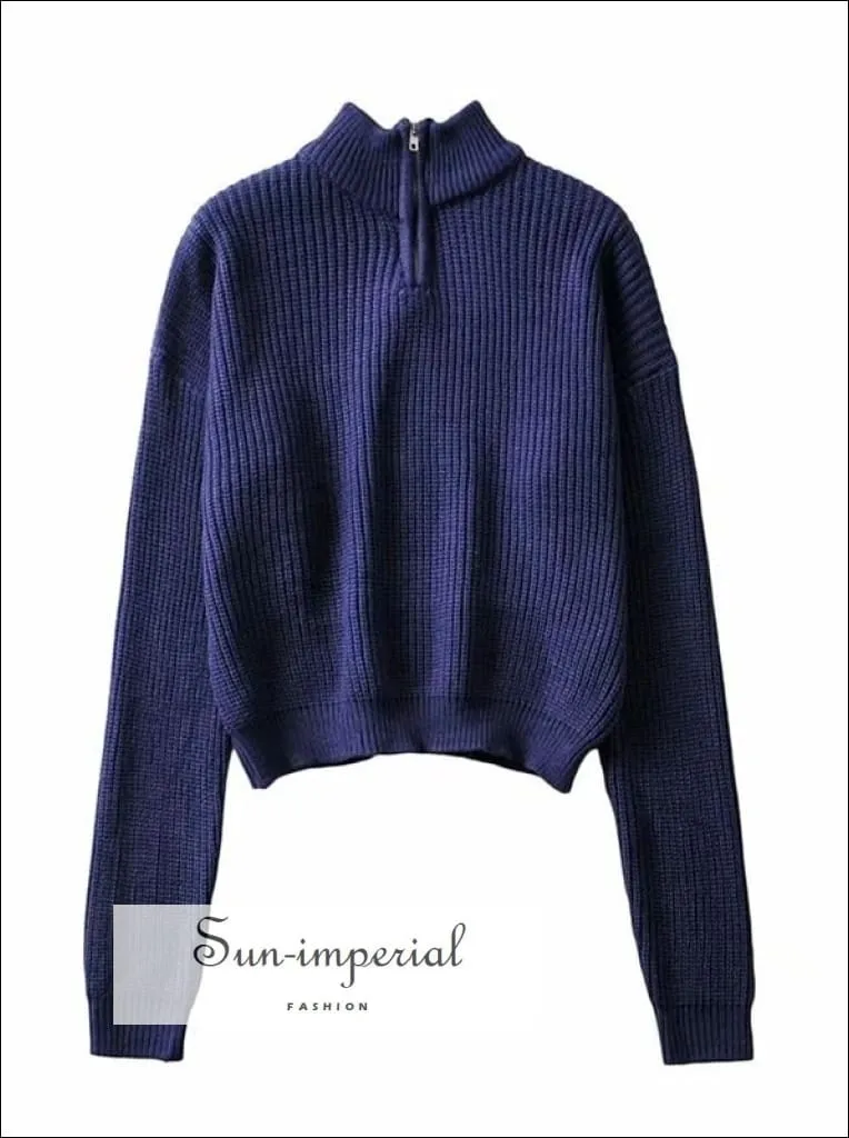 Women Dark Blue 1/4 Zip front Chunky Knit Jumper Casual Knit top