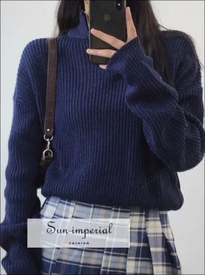 Women Dark Blue 1/4 Zip front Chunky Knit Jumper Casual Knit top