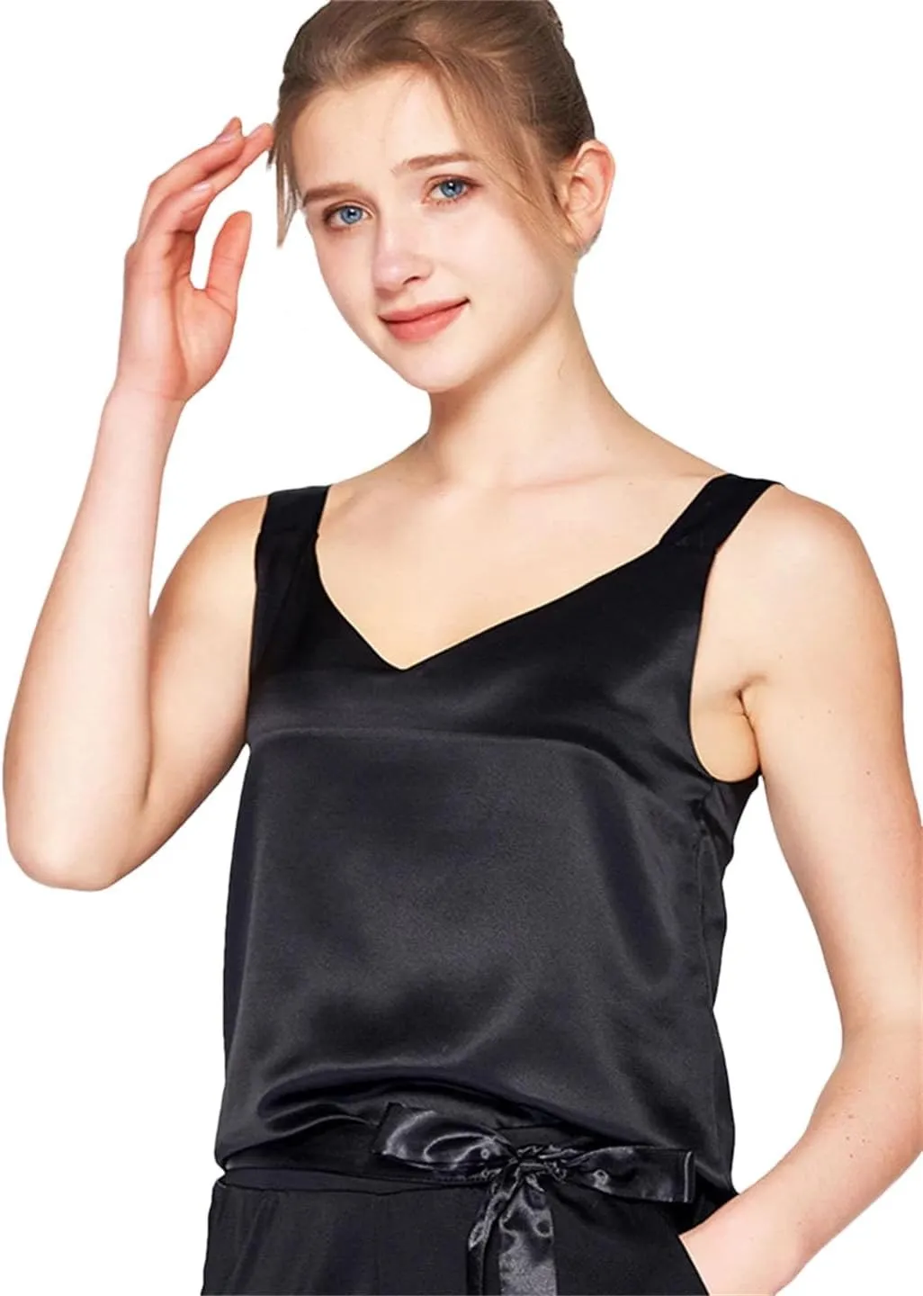 Women Silk Camisole Solid Silk Simple Chic Camis Spring Summer T Shirts Black White