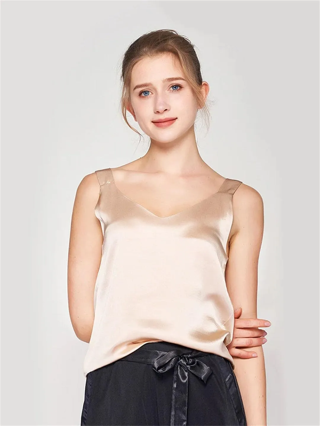 Women Silk Camisole Solid Silk Simple Chic Camis Spring Summer T Shirts Black White