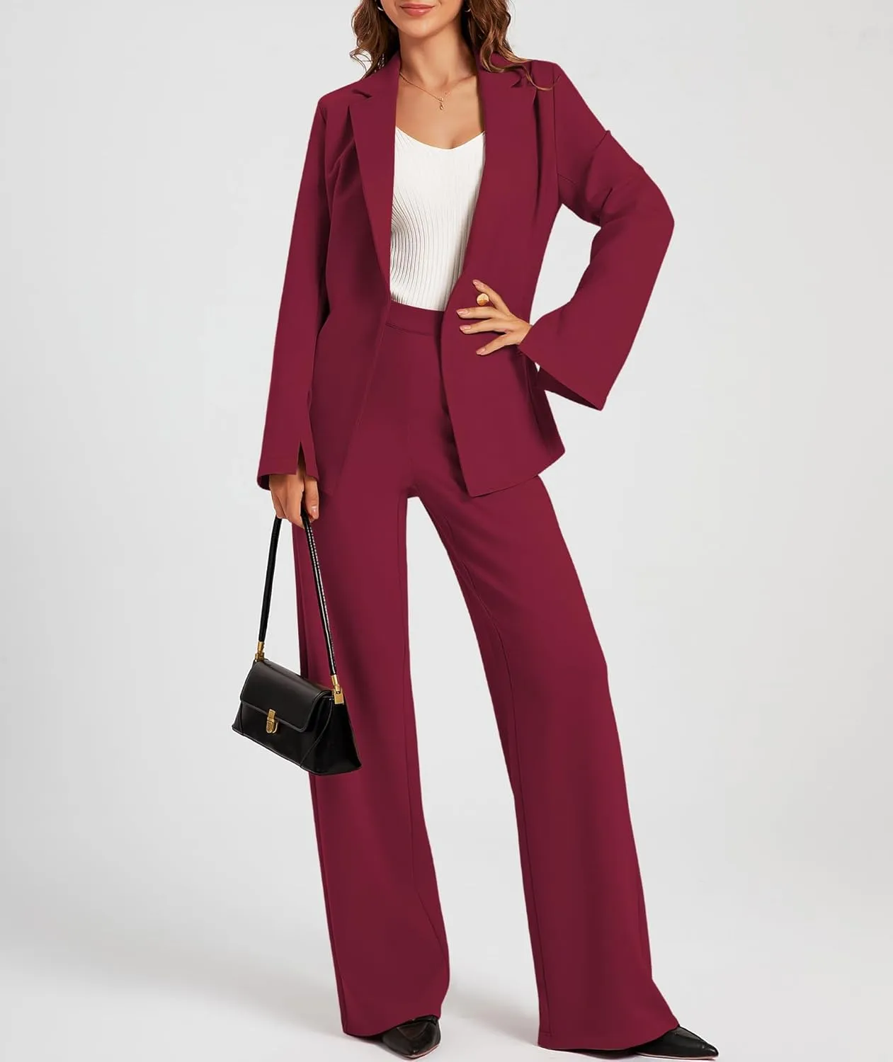 Women's 2 Piece Blazer Outfits Business Casual Asymmetrical Jacket Button Wide Leg Pants Dressy Suit Sets