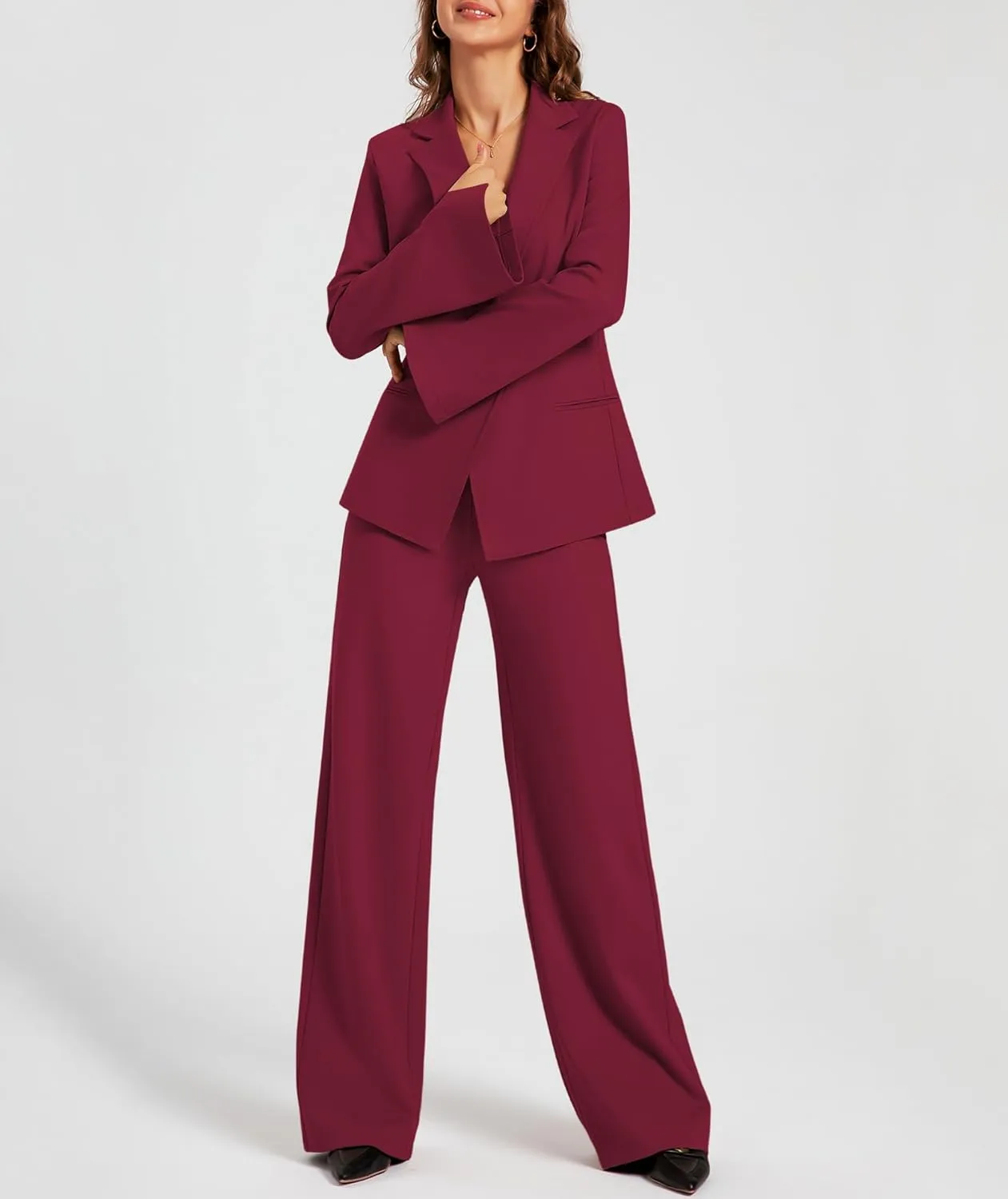 Women's 2 Piece Blazer Outfits Business Casual Asymmetrical Jacket Button Wide Leg Pants Dressy Suit Sets