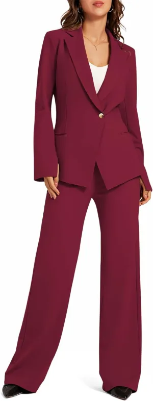 Women's 2 Piece Blazer Outfits Business Casual Asymmetrical Jacket Button Wide Leg Pants Dressy Suit Sets