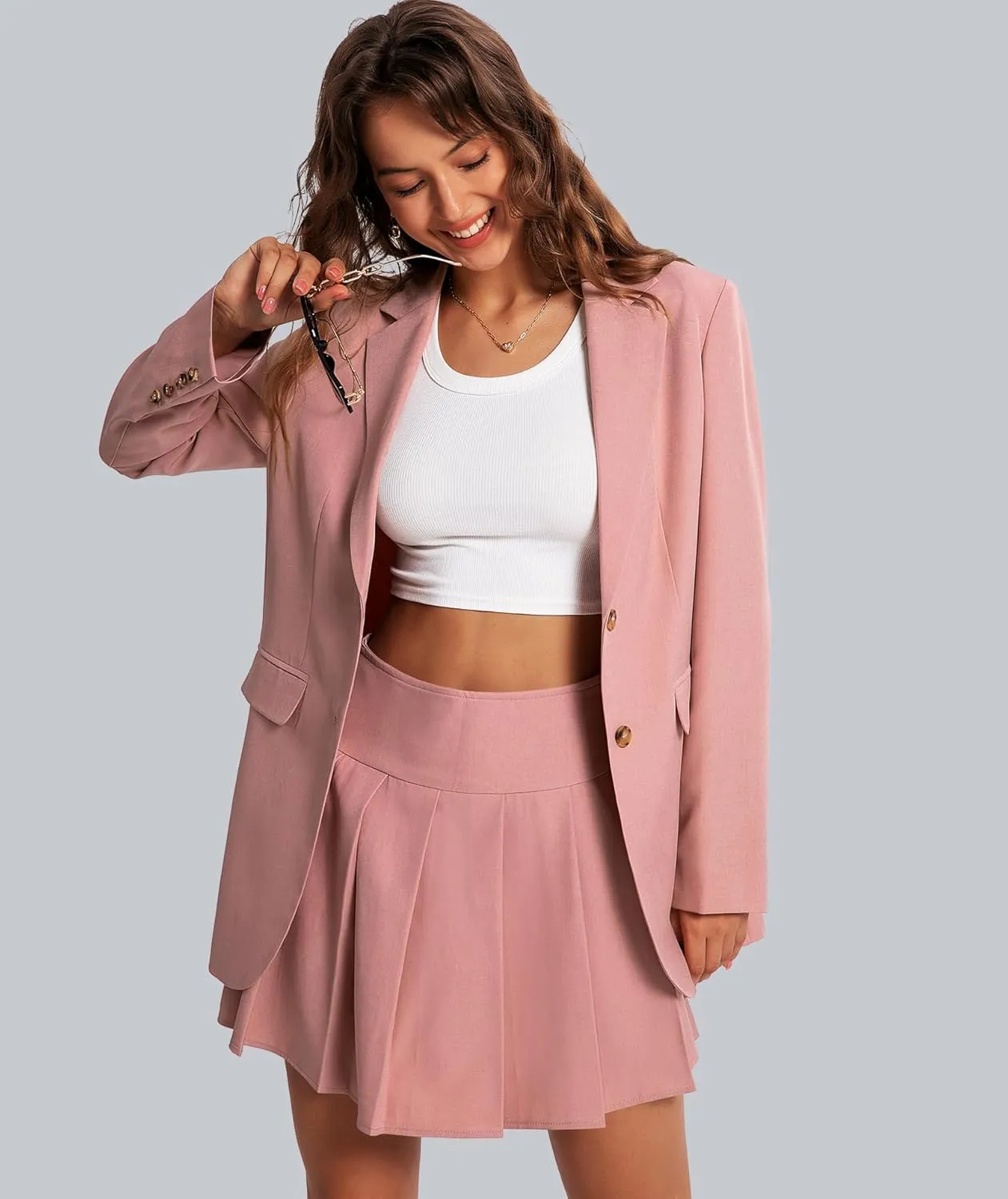 Women's 2 Piece Skirt Sets Business Casual Blazer Suit Mini Pleated Skorts Button Jackets Matching Outfits