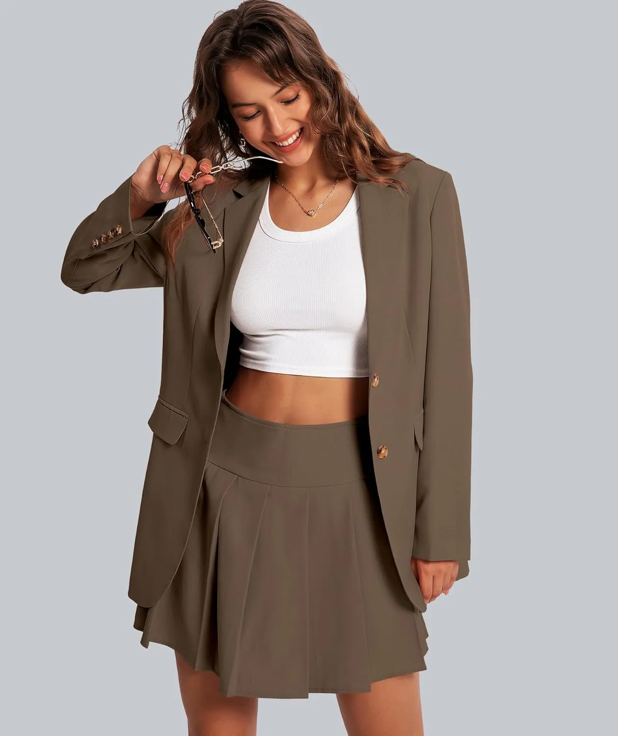 Women's 2 Piece Skirt Sets Business Casual Blazer Suit Mini Pleated Skorts Button Jackets Matching Outfits
