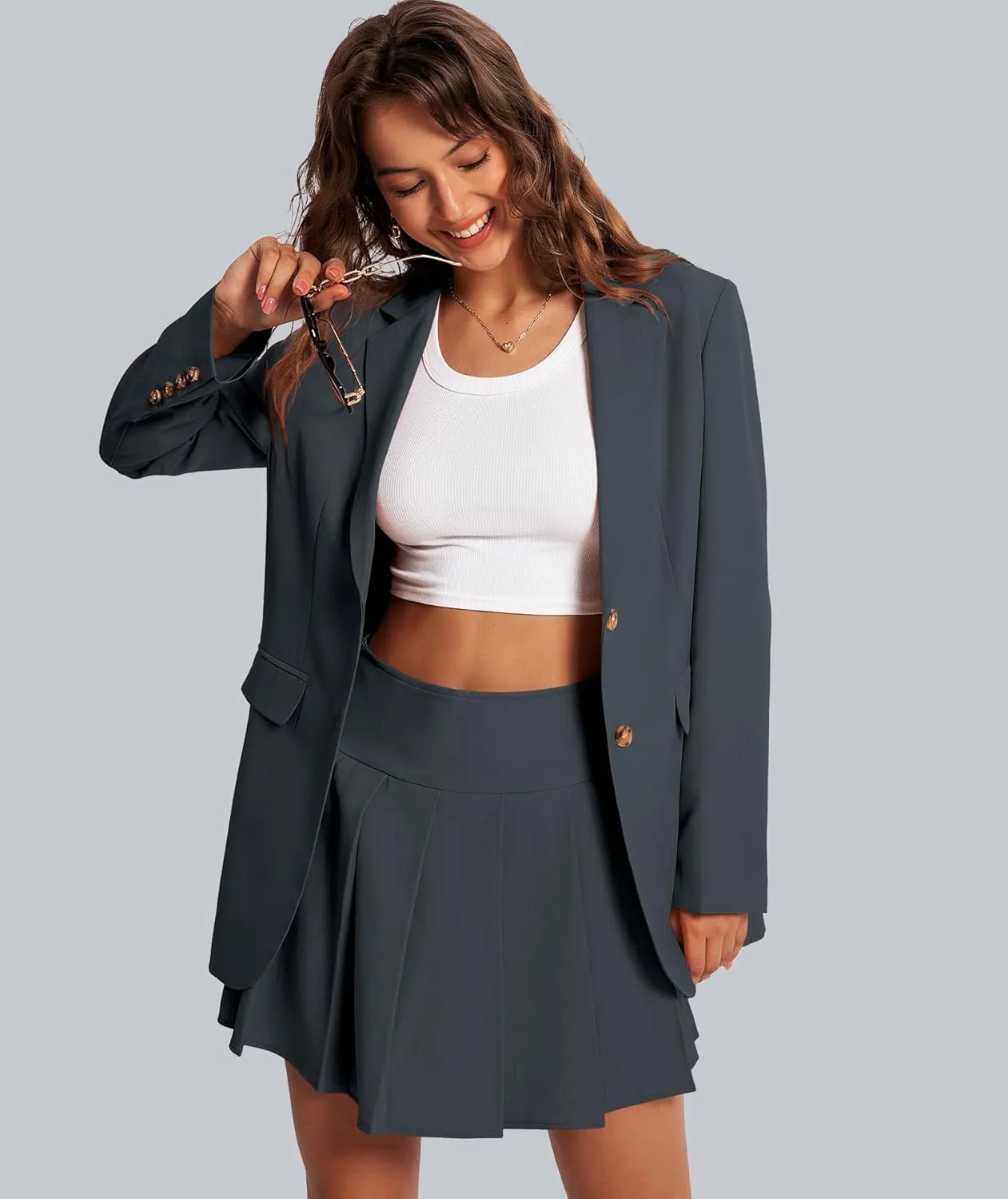 Women's 2 Piece Skirt Sets Business Casual Blazer Suit Mini Pleated Skorts Button Jackets Matching Outfits