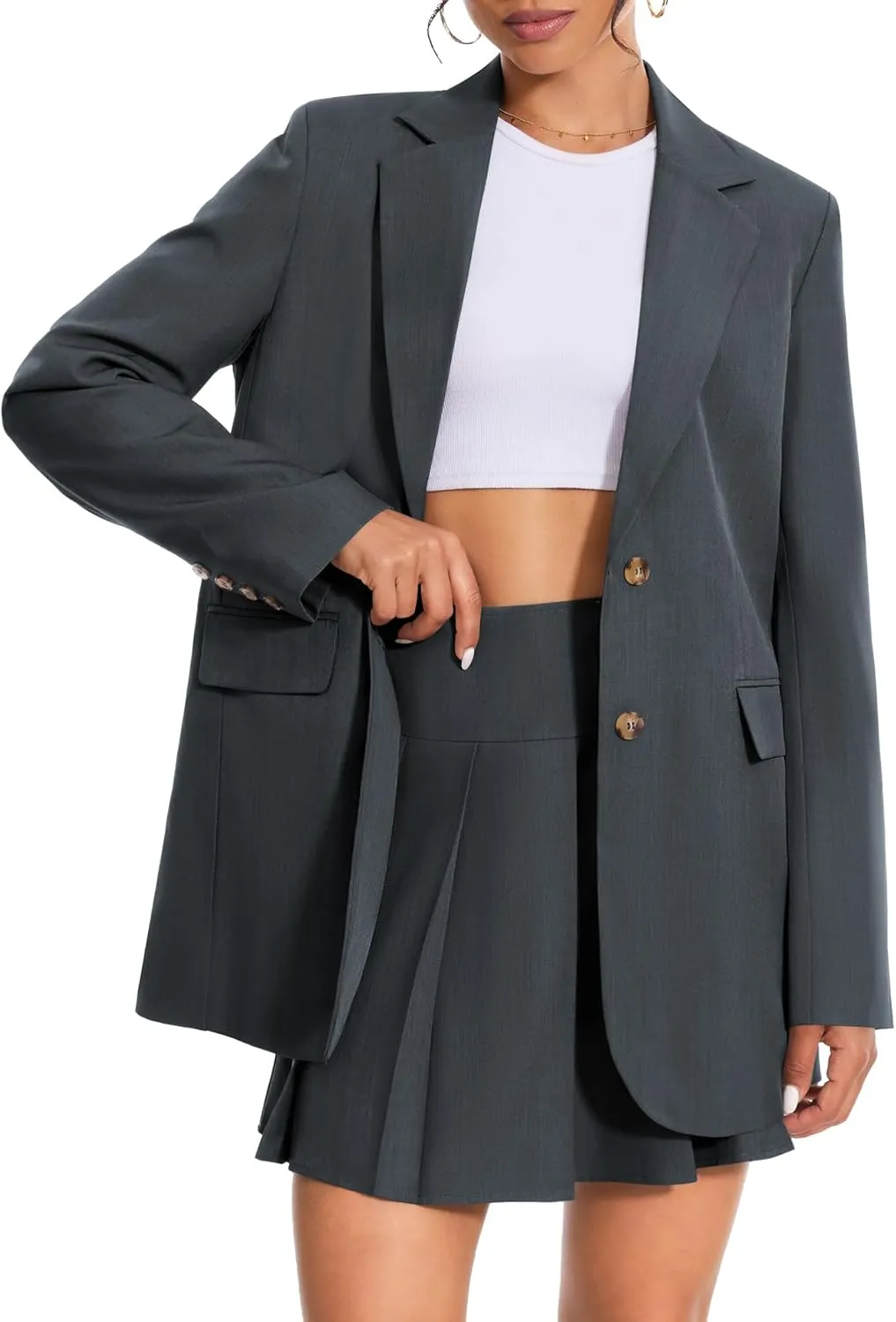 Women's 2 Piece Skirt Sets Business Casual Blazer Suit Mini Pleated Skorts Button Jackets Matching Outfits